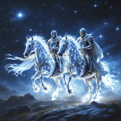 Primary subject: Two knights on horses.
Setting/background: A night sky with stars.
Visual style: Digital art.
Colors and mood: Blue and white, with a magical and fantastical atmosphere.